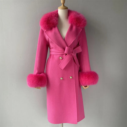 Women's Cashmere Wool Coat Spring Real Fox Fur Collar Woolen Trench Jacket Winter Adjustable Waist Slim Ladies Long Overcoat