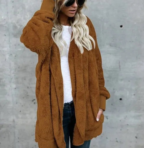 Autumn Winter Double Fleece Cardigan Jacket Women Solid Color Long Sleeve Plush Warm Hooded Lady Jacket Oversized Outerwear Coat