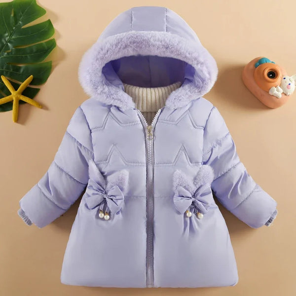 1-4Years Winter Girls Jacket 5 Color Little Bow Pearl Decoration Lining Plush Thick Hooded Coats For Kids Children Cute Outwear