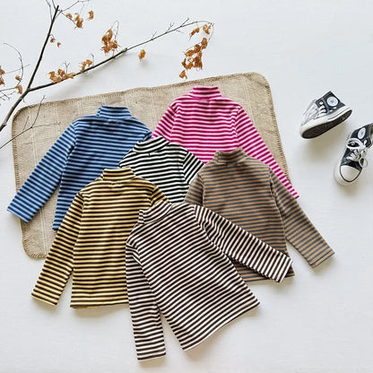 2025 Girls T-shirts Autumn Winter Children Bottom Stripe Tops for Kids High Collar Boys Undershirts Toddler Blouse Baby Clothing