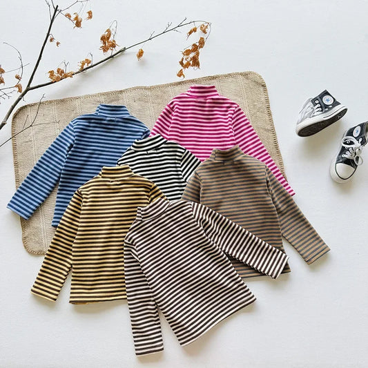 2025 Girls T-shirts Autumn Winter Children Bottom Stripe Tops for Kids High Collar Boys Undershirts Toddler Blouse Baby Clothing