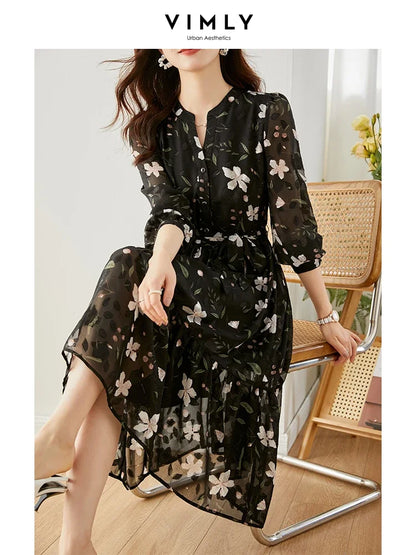 Vimly Chiffon Floral Dress for Women Spring Vacation Outfit Elegant Vintage Long Sleeve Tie Belt Swing Midi Tiered Dresses