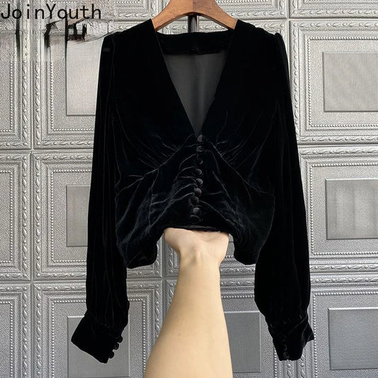 Blusas Mujer De Moda Temperament Black Blouses Women Clothing V-neck Long Sleeve Vintage Tops Tunic Velvet Korean Shirts