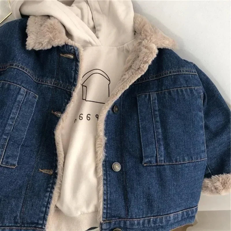 2025 Autumn Winter Children Big Boy Outerwear Coat Fleece Thicken Warm Toddler Boys Denim Jacket Kids Girls Parkas 2-11 Yrs