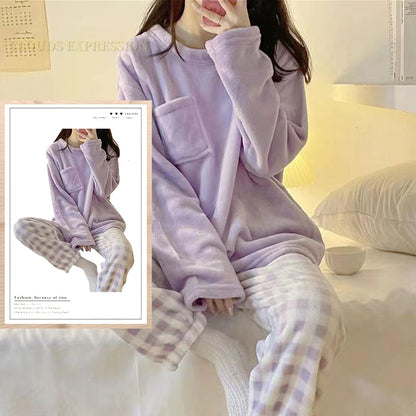 Autumn Winter Flannel Women Pajamas Sets Fashion Plaid Printed Teddy Sleepwear Velvet Homewear Kawaii Girsl Pijamas Mujer Pyjama