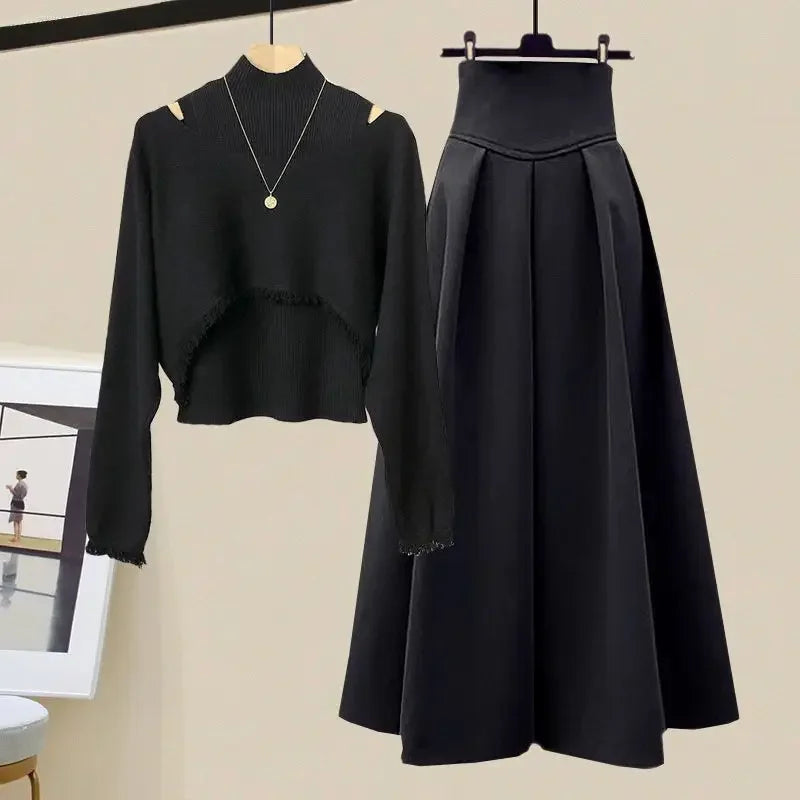 2025 Spring Autumn New Korean Elegant Knit Tassel Cover Up+Half High Collar Bottom Sweater+Midi Skirt 3 Piece Women Dress Suit