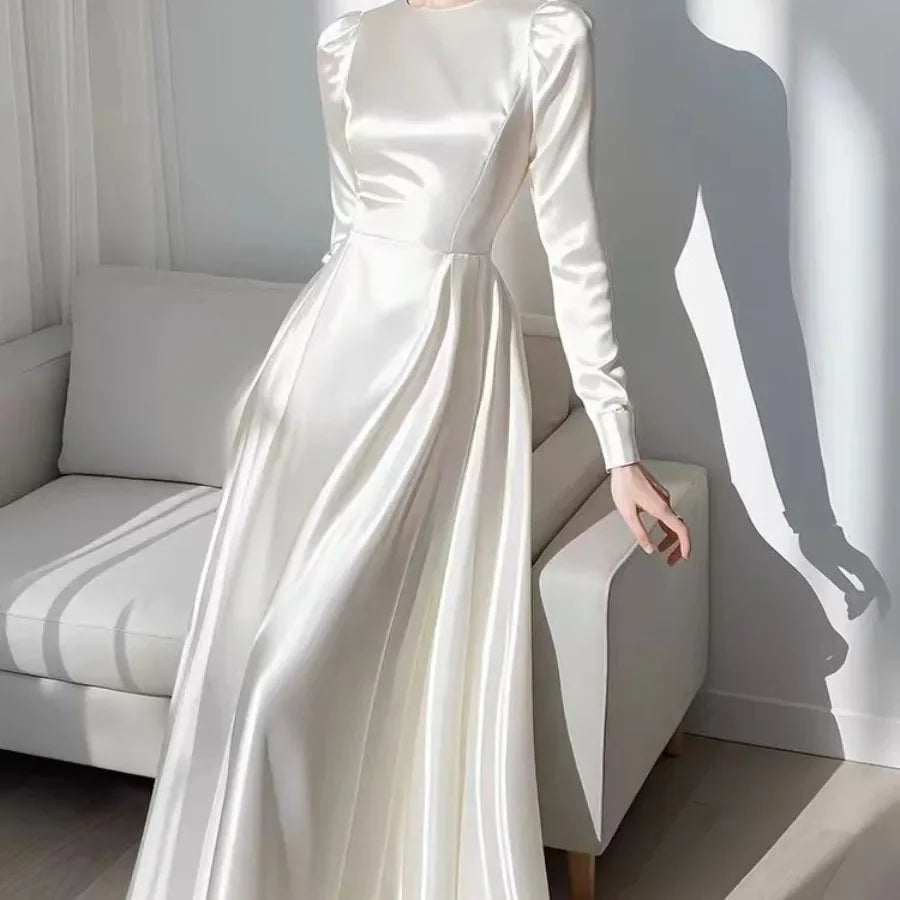 Autumn Elegant Satin Women's Long Sleeve Dress Round Neck White French Midi Skirt Women's A-Line Evening dresses N1013-1