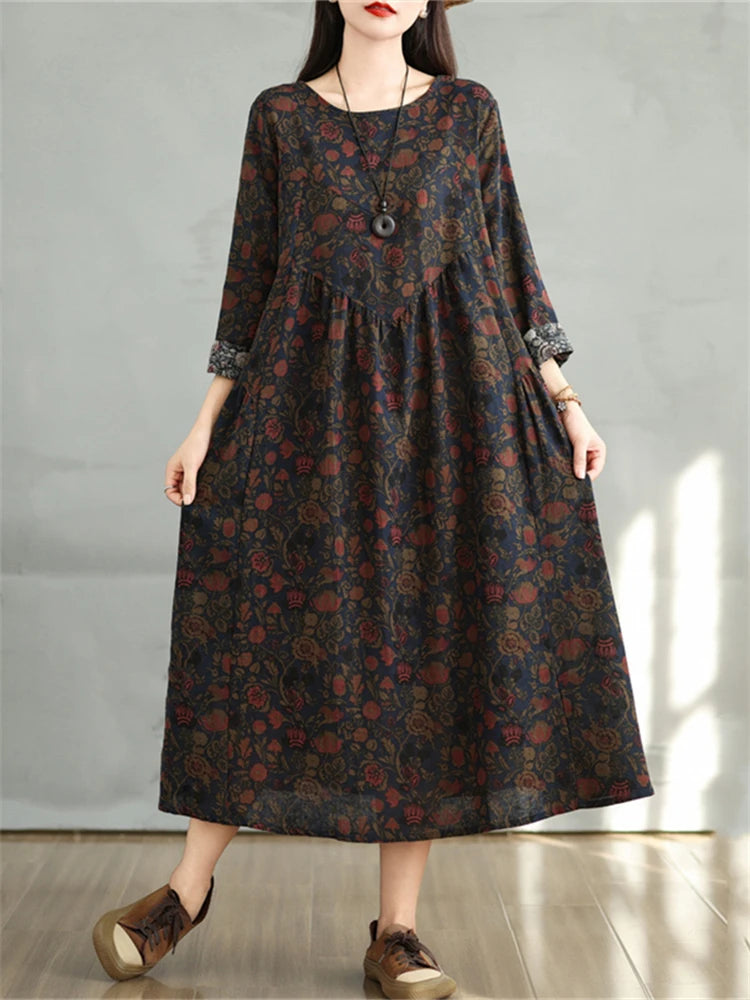 Cotton Vintage Print Floral Dresses 2024 Women Casual Loose Long Sleeve Dress Femme Robe Vestidos Elegant Spring Autumn Clothing