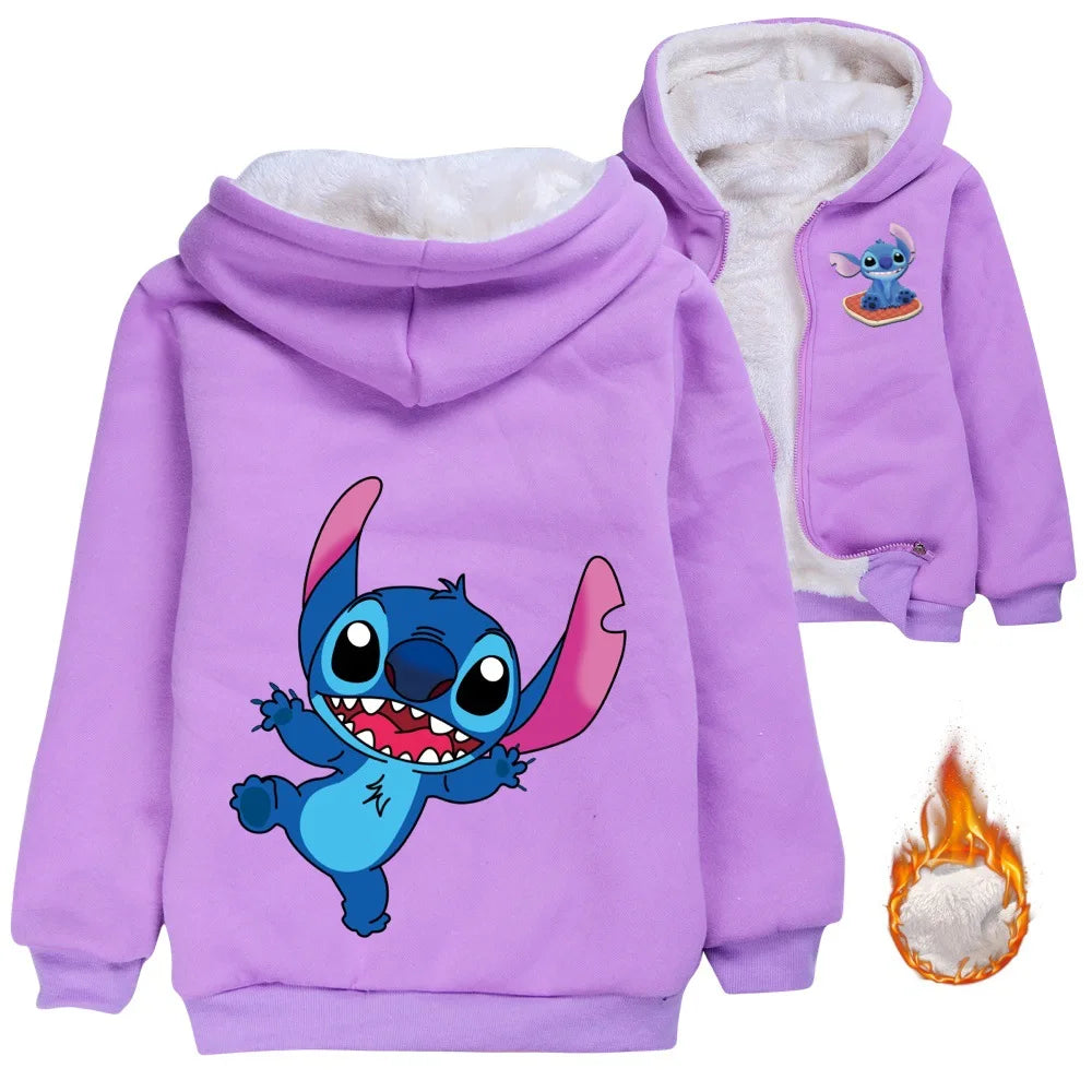 Kid Baby Boy Girl Coat Autumn Winter Long Sleeve Plush Hoodies Cartoon Stitch Print Children Sweatshirt Clothes Thick Top Outfit