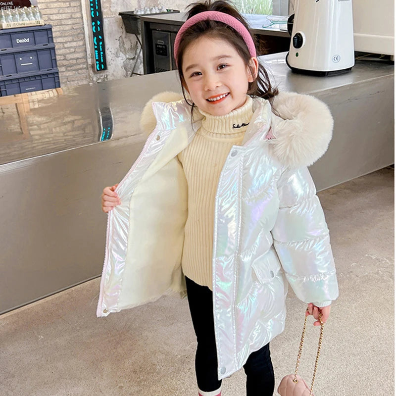 New Winter Girls Jacket Cute Wings Keep Warm Fur Collar Little Princess Coat Hooded Zipper Parka Snowsuit Windproof Outerwear