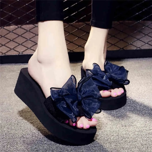 Wedges Platform Flip Flops for Woman Bohemian Style Summer Slipper with Bow Large Size Women's Summer Footwear Chaussure Femm