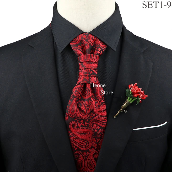 New Men's Premium Paisley Tie Brooch Set Red Black Blue Ajustable Neck Tie Luxury Classic Suit Tuxedo Groom Wedding Accessories