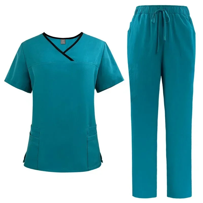 Medical Uniform Trendy Women's Scrub Set Stretch Soft Y-Neck Top Pants Hospital  Pet Clinic Doctor Costume Contrasting Colors