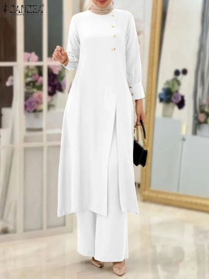 Abaya Matching Sets Fashion Long Shirt Tops & Wide Leg Pants Ramadan Outfits Tracksuits