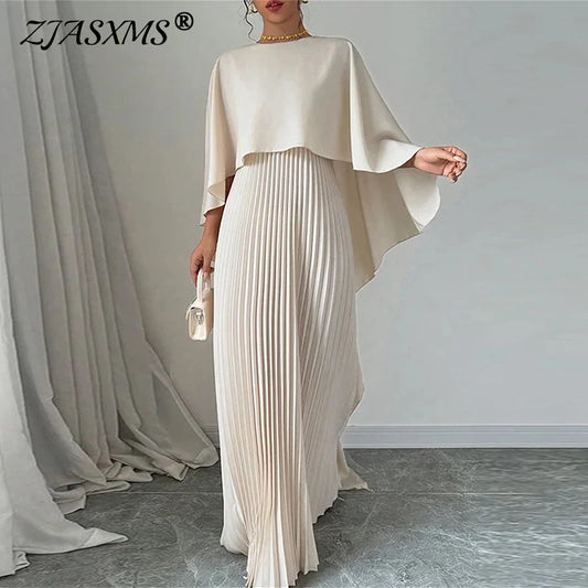 New Spring Elegant Crew Neck Pleated Dresses Women Casual Solid Loose Long Dress Autumn Cloak Sleeves Ruffle Maxi Dress Vestidos