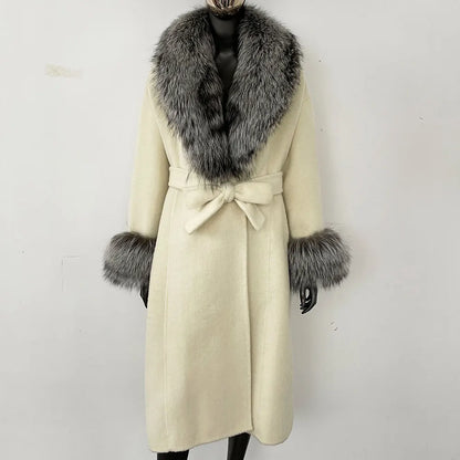 Wool Coat Women New Autumn Winter Real Fox Fur Jacket Female Long Warm Natural Fox Fur Collar Fur Cuffs