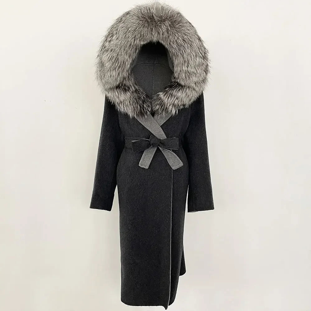 Real Natural Fox Fur Coat Winter Hooded Detachable Collar Fur Jacket Long Woolen Jacket Women Double-faced Casual Overwears