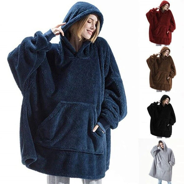 Winter Women Double-faced Fleece Hoodie Blanket Oversize Large Pocket Warm Couple Loose Sweatshirts Women And Men Robe