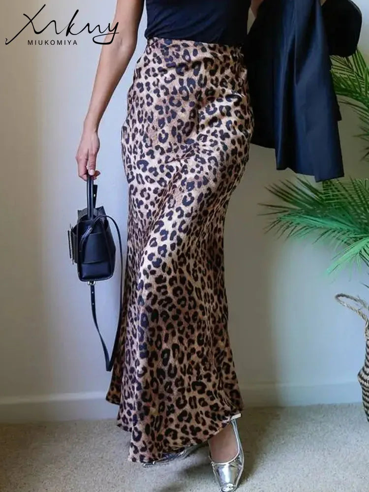 MiuKoMiYa Autumn Satin Leopard Print Maxi Skirt Women High Waist A Line Office Slim Long Leopard Skirt For Women Elegant