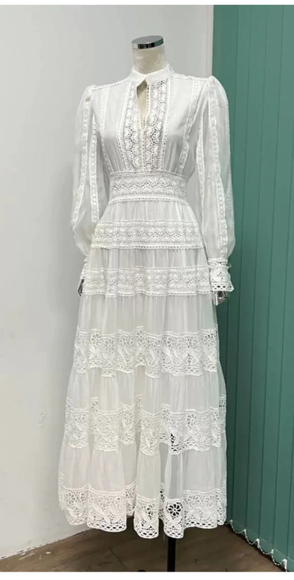 Spring/summer new crocheted hollow water-soluble lace shirt dress with high waist and big swing fashion A-line dress