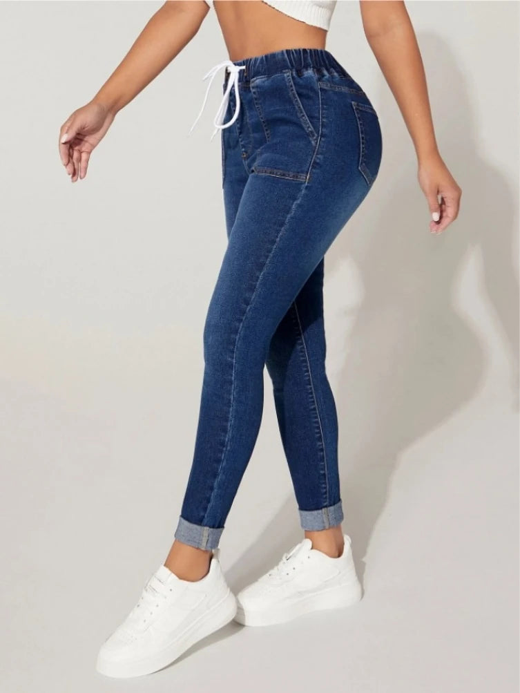 Autumn and Winter Women's High Stretch Elastic Waist Drawstring Jeans Fashion Skinny Slim Ankle-Length Denim Pencil Pants