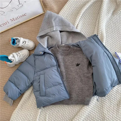 2025 New Winter Baby Toddler Boy Korean Style Knitted Patchwork Hooded Jacket Coat Thicken Outdoor Wear 2-7YEARS