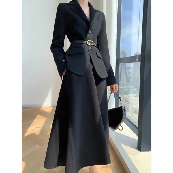 Autumn New Cashmere and Cotton Woolen Women's Suit Jacket Skirt Set Temperament Elegant Office Lady  Blazer Long  Two-piece Sets