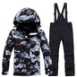 Fashion Printed Skiing Jacket + Bib Pants Snowsuits 2-Piece Boys Girls Hooded Winter Warm Windproof Snowboarding Wear