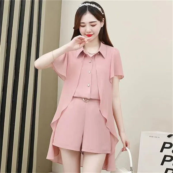 Pink Blazer Suit Shorts Set Women's Summer Chiffon Shirt Fashion Slim Fit Stylish And Casual Two-Piece Suit Jacket Women