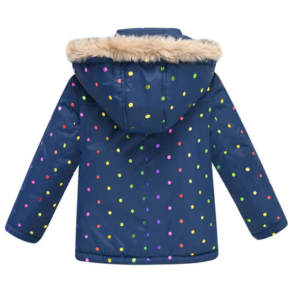 Autumn Winter Girls Jacket Keep Warm Fur Collar Fashion Prints Little Princess Coat Hooded Zipper Girls Outerwear Kids Clothes