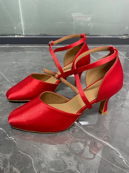 Women's Elegant Ballroom Party Modern Latin Dance Shoes Red Satin Social Waltz Tango Dancing Heels Closed Toe Ballroom Shoes