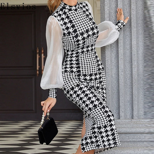 Houndstooth Stand Collar Bodycon Party Dress Women Elegant Lantern Sleeved Mesh Party Dress Temperament Office Slit Midi Dress