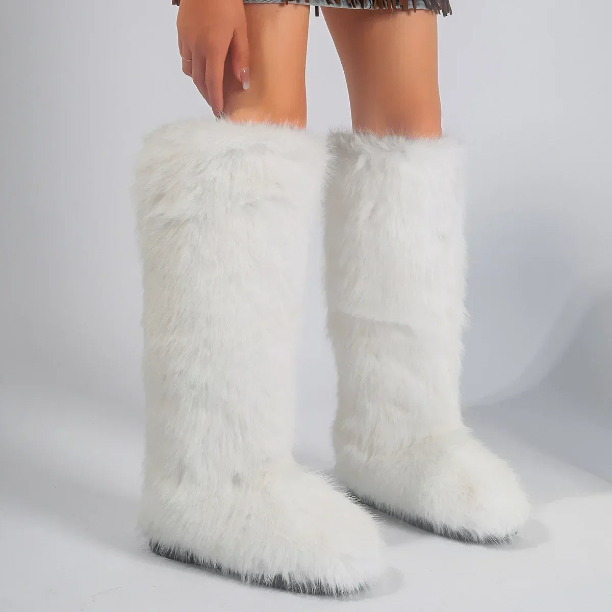 Women New Faux Fox Fur Long Boots Knee High Light Colour Fur Snow Boots Ladies Platform Push Shoes Drop Shipping Winter Shoes