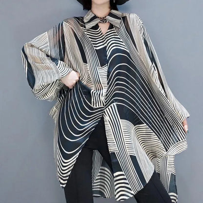 Oversized Striped Chiffon Summer Shirt Women Blouse 2025 Holiday Style Ladies Casual Sunscreen Loose Large Shirts 4XL Tops