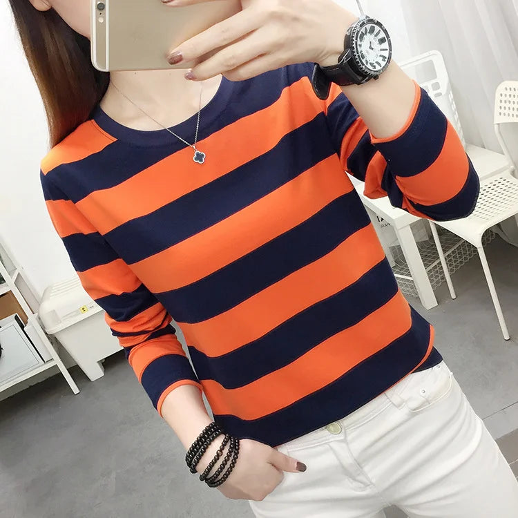 Autumn Loose Pure Cotton Long Sleeve T-shirt Women Clothing Middle-aged Mom Base Shirt Striped Top