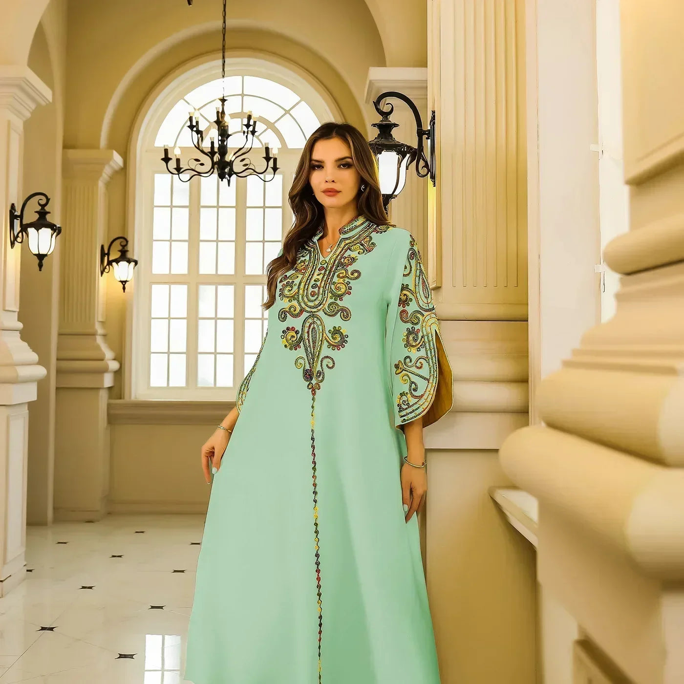 Muslim Colorful Floral Embroidery Abaya Women Elegant Long Dress Split Sleeve Jalabiya Fashion V-neck Robe Loose Gown Kaftan Eid