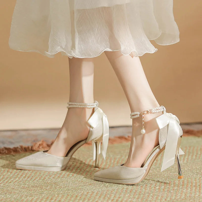 Slimming Shoes Casual Heels Shallow Mouth Sandals Ladies Pointed Pumps Hollow 2025 All-Match Comfortable Beige African Bow Toe