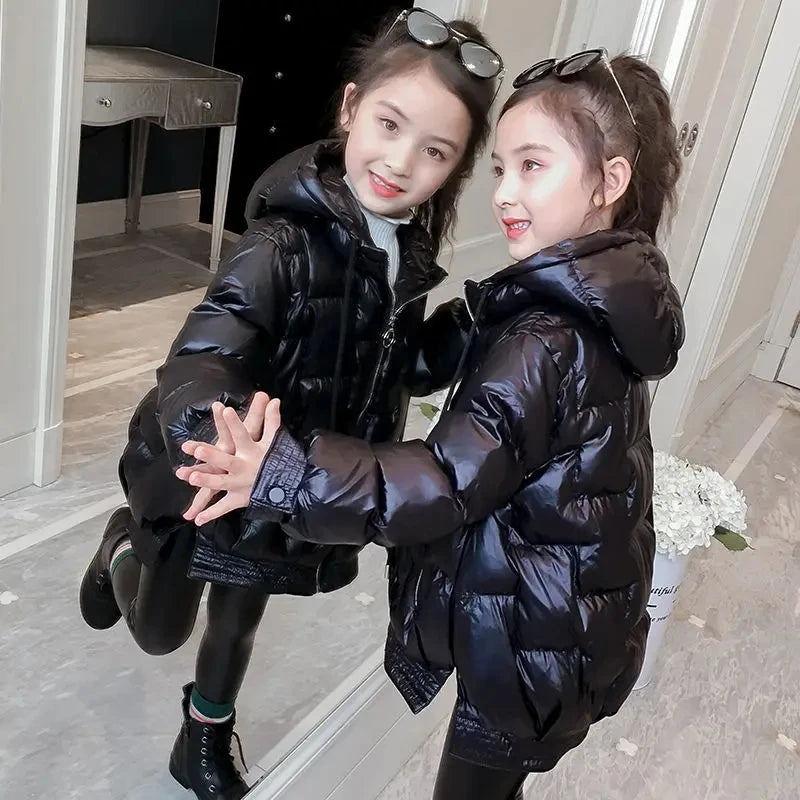 4-12 Years Winter Girls Down Jacket Glossy Waterproof Keep Warm Little Princess Coat Hooded Zipper Outerwear New Kids Clothes