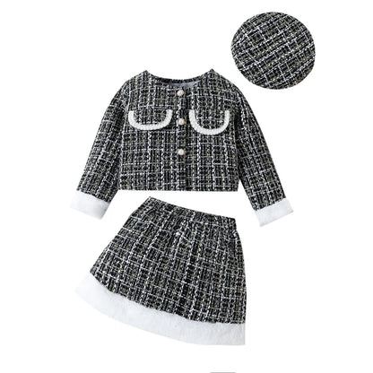 2-6Y Fashion Little Girl Winter Outfit Long Sleeve Button-up Jacket Fuzzy Trim Mini Skirt Beret Hat 3 Pcs Children's Sets