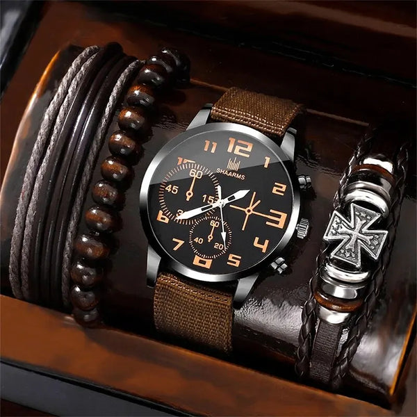 4Pcs Set Luxury Watches Men Black Sports Big Dial Watch Leather Band Watches Bracelet Set Mens Business Quartz Wrist Watch Clock