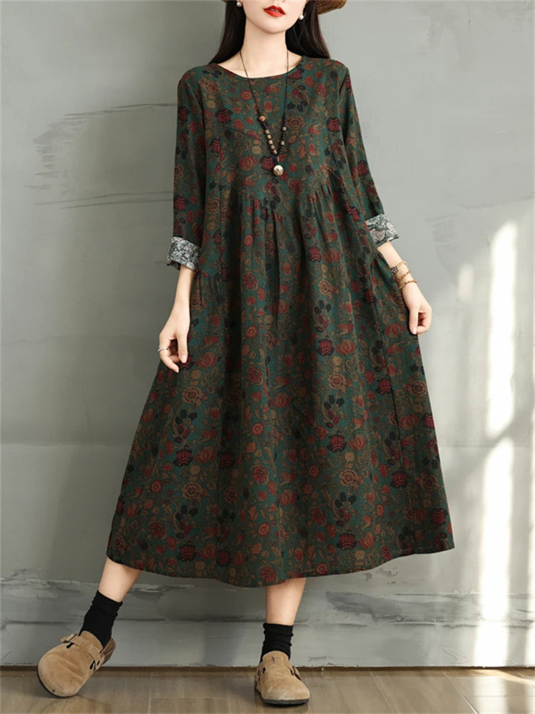 Cotton Vintage Print Floral Dresses 2024 Women Casual Loose Long Sleeve Dress Femme Robe Vestidos Elegant Spring Autumn Clothing