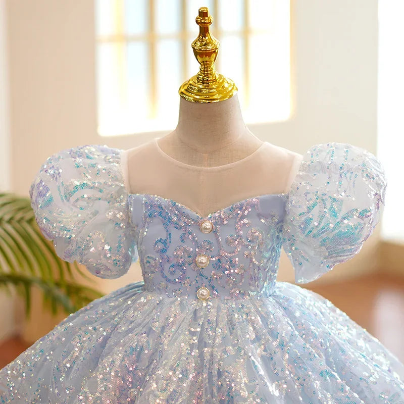 Kids Birthday Party Dresses for Little Girl Size 2 To 14 Years Prom Sequin Dress 2025 Luxury Gowns Sky Blue Evening Formal Frock