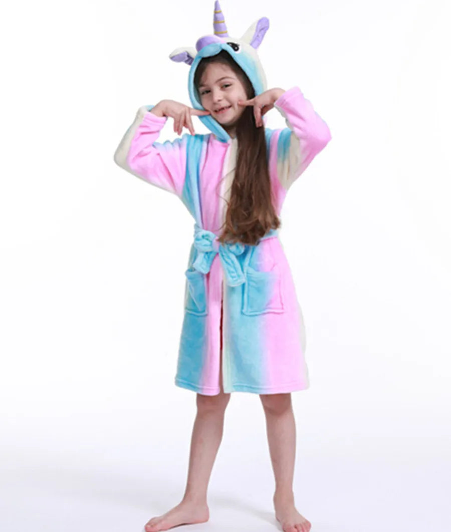 3-12Years Winter Autumn Children's Sleepwear Unicorn Cartoon Bath Robe for Adult Boys Girls Pijamas Hooded Kids Bathrobes