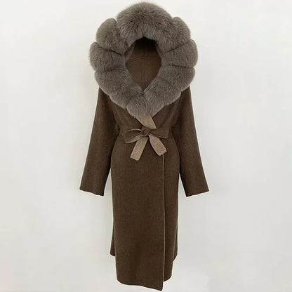 Real Natural Fox Fur Coat Winter Hooded Detachable Collar Fur Jacket Long Woolen Jacket Women Double-faced Casual Overwears