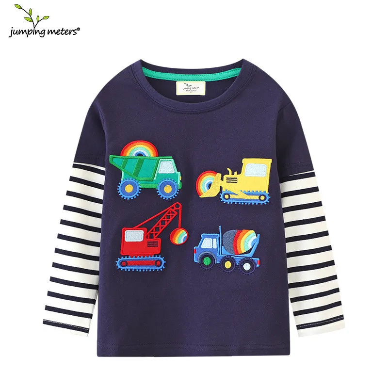 Jumping Meters 2-7T Striped Kids Blouse Cartoon Boys Tshirts Autumn Winter Children's Clothes Long Sleeve Kids Tops