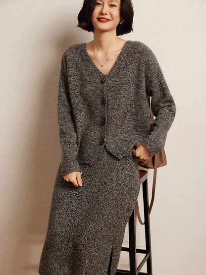 High-end Women's Set Suit 100% Goat Cashmere Knitted Cardigan Sweater and Skirt Two-Piece Spring Autumn Winter New Chic Clothing