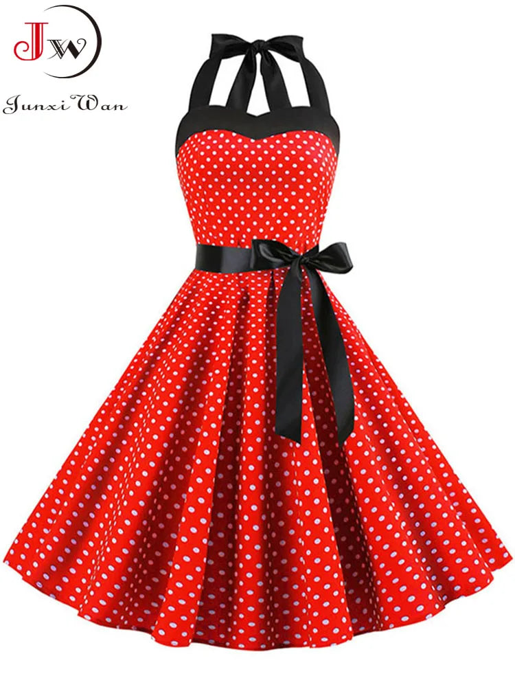 Sexy Halter Party Dress Women Summer Backless Vintage Dresses Retro Rockabilly Swing Robe femme Elegant  Midi Sundress