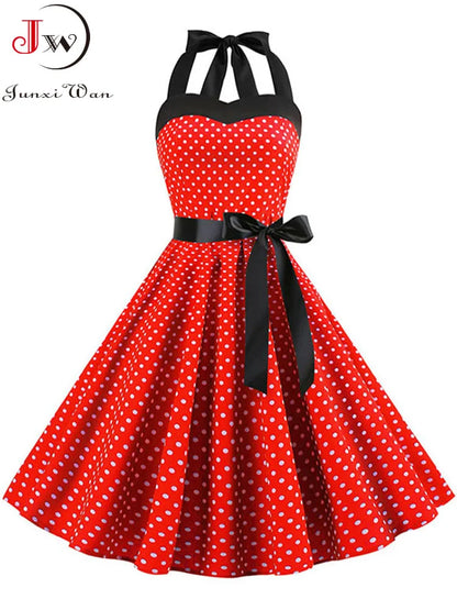 Sexy Halter Party Dress Women Summer Backless Vintage Dresses Retro Rockabilly Swing Robe femme Elegant  Midi Sundress