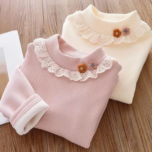 Girls Underlay 2025 New Winter Children's Half High Collar Girl Baby Foreigner Cute Plush Thickened Top Girls' T-shirt Kids