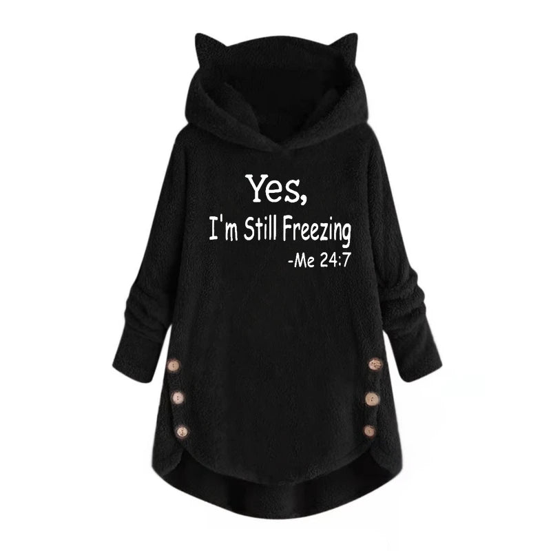 Autumn and Winter Plush Letter Cartoon Print Cat Ears Long-Sleeved Pullover Hooded Loose Casual Street Sweatshirt Women's Warm Top